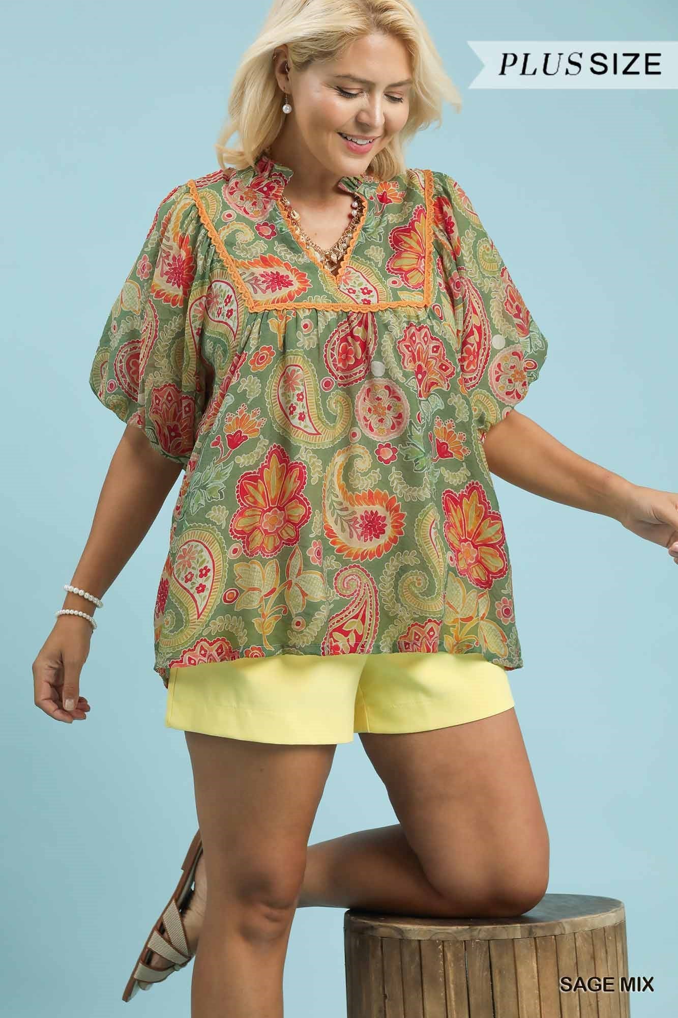 UMGEE Mixed Paisley Print Top PLUS Sizes In Sage Mix