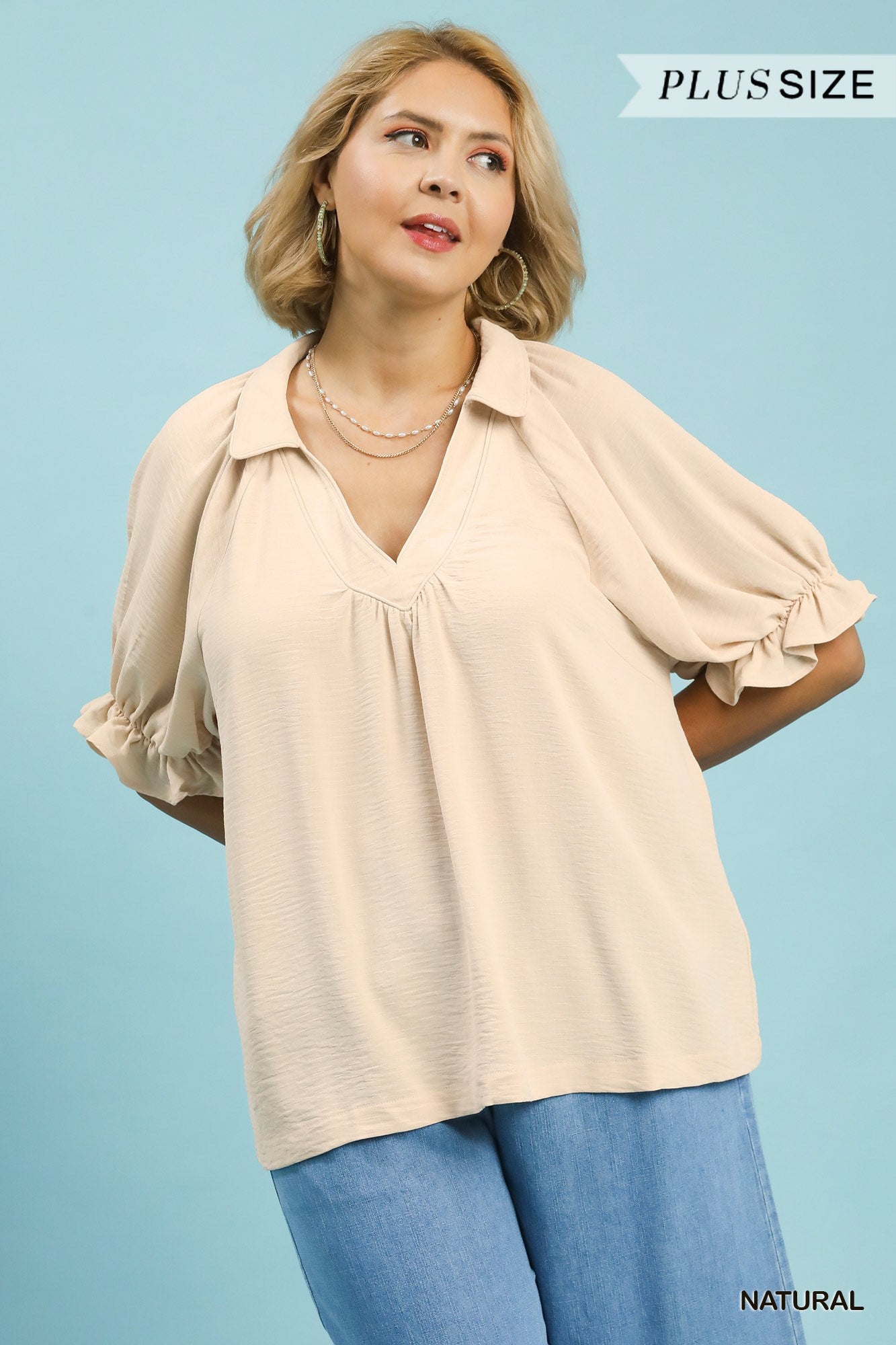 Umgee Solid Collared V Neck Top In Natural PLUS Sizes