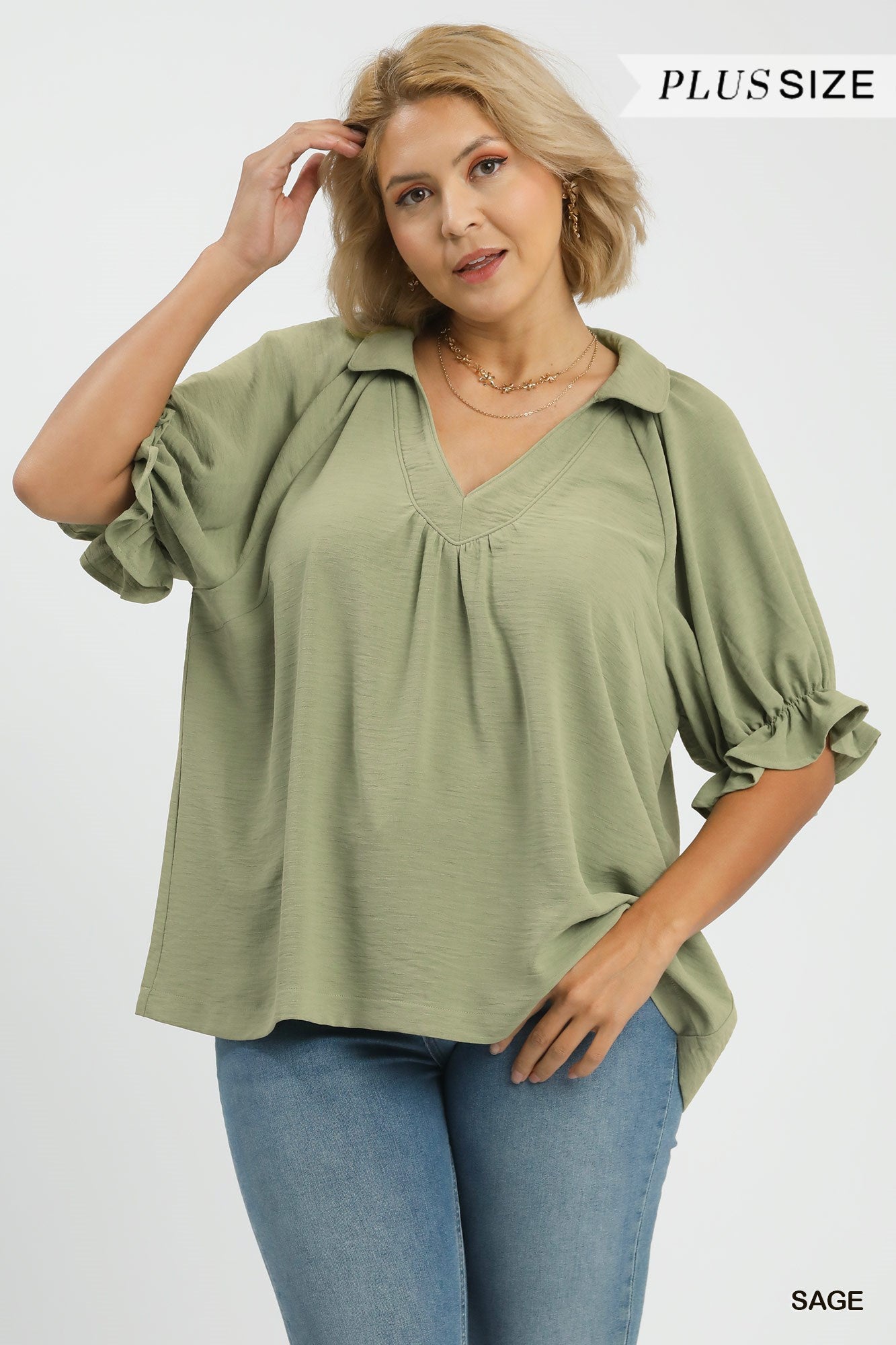 Umgee Solid Collared V Neck Top In Sage PLUS Sizes