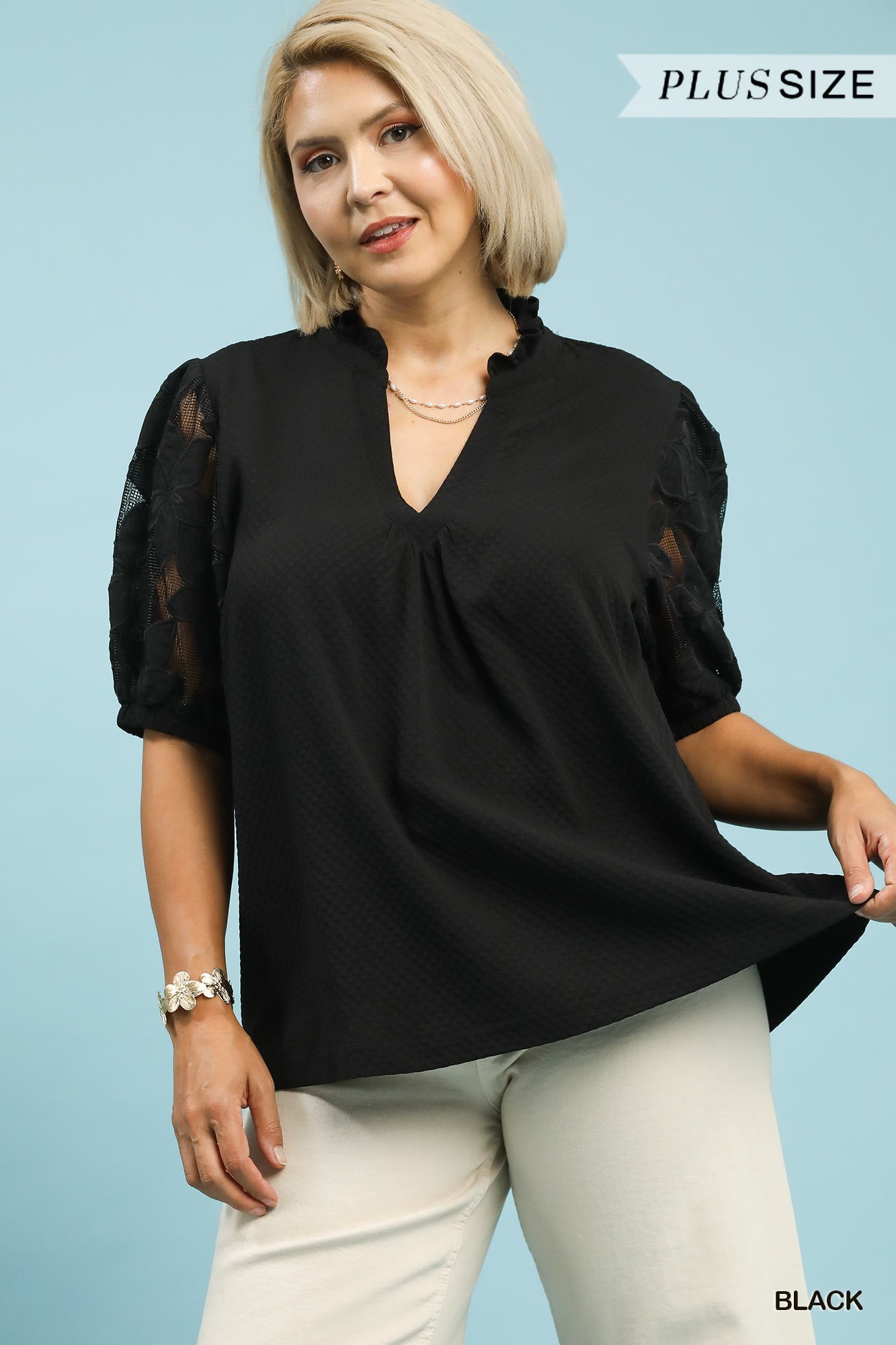 Umgee Textured Top With Lace Contrast Sleeves In Black PLUS Sizes
