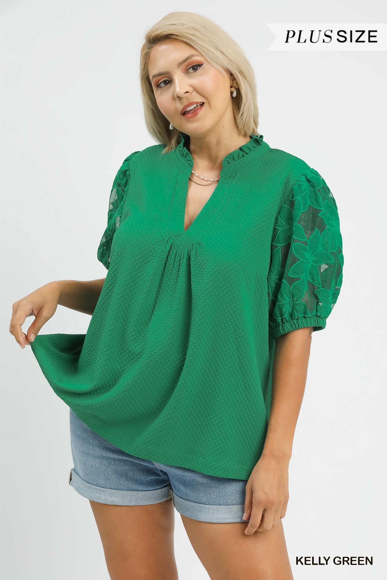 Umgee Textured Top With Lace Contrast Sleeves In Green PLUS Sizes
