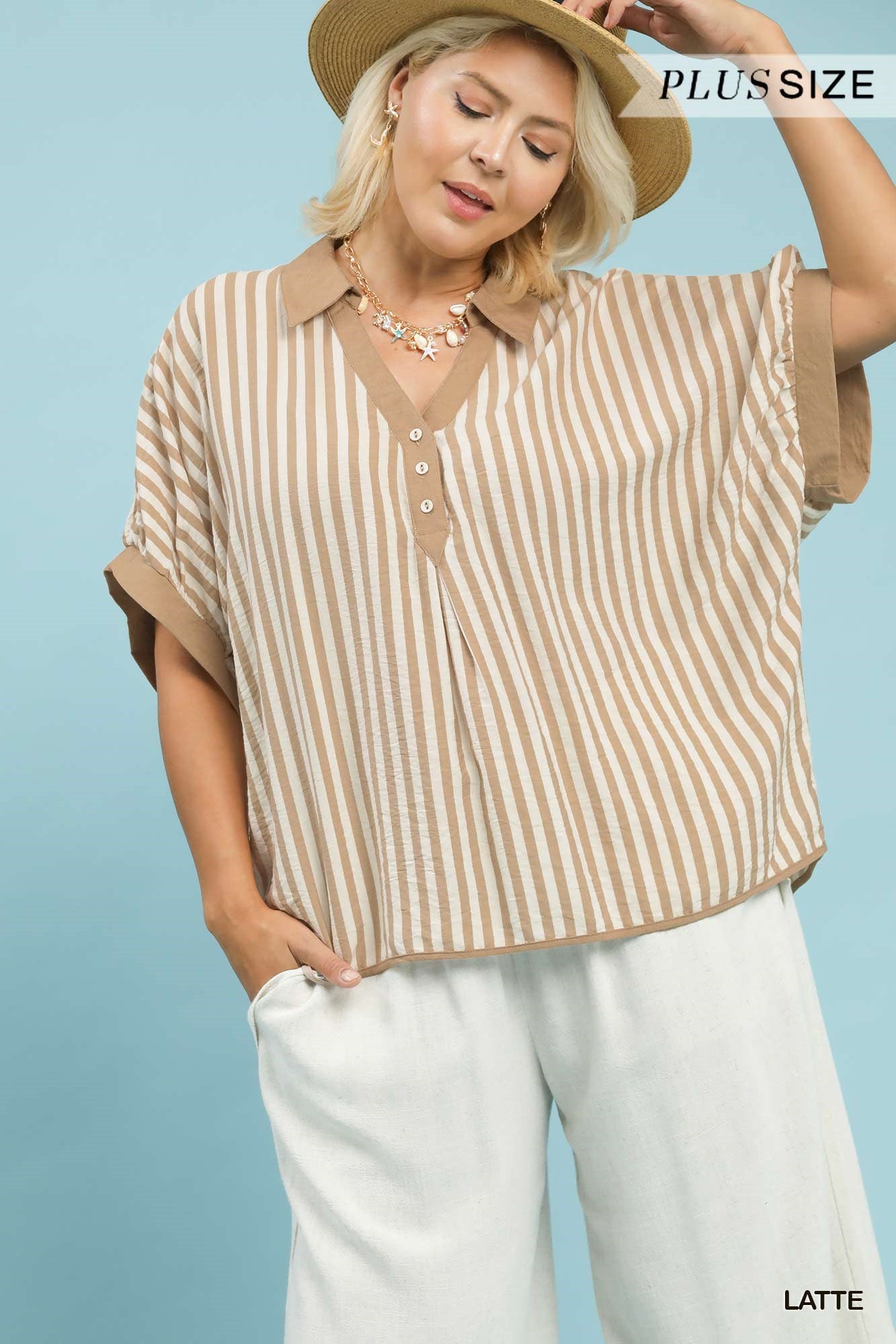 Umgee Striped Collar Oversized Top In Latte PLUS Sizes *COMING SOON*