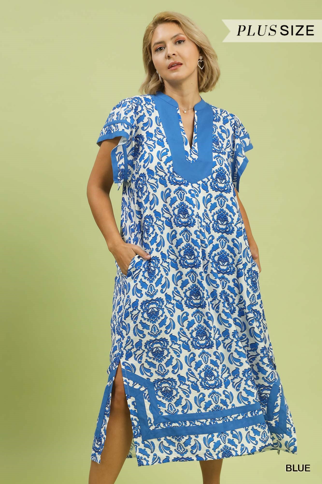 Umgee Abstract Two Tone Print Midi Dress In Blue In Ocean PLUS Sizes