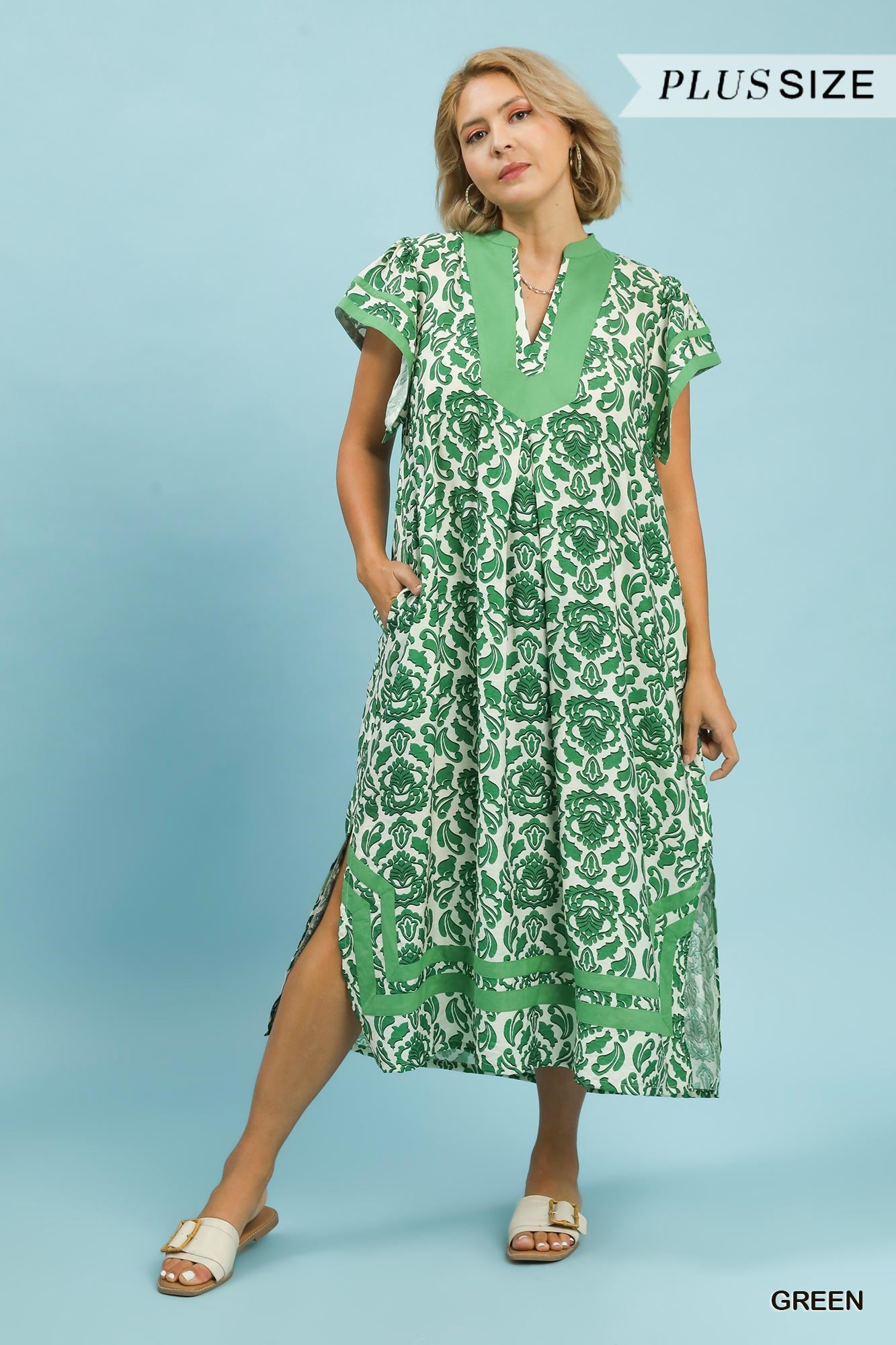 Umgee Abstract Two Tone Print Midi Dress In Green PLUS Sizes
