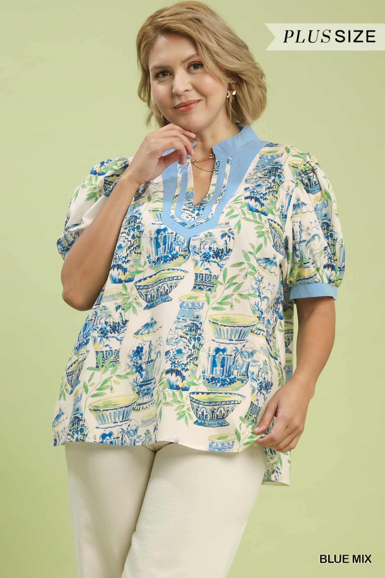 UMGEE Abstract Print V Neck Top In Blue Mix PLUS Sizes