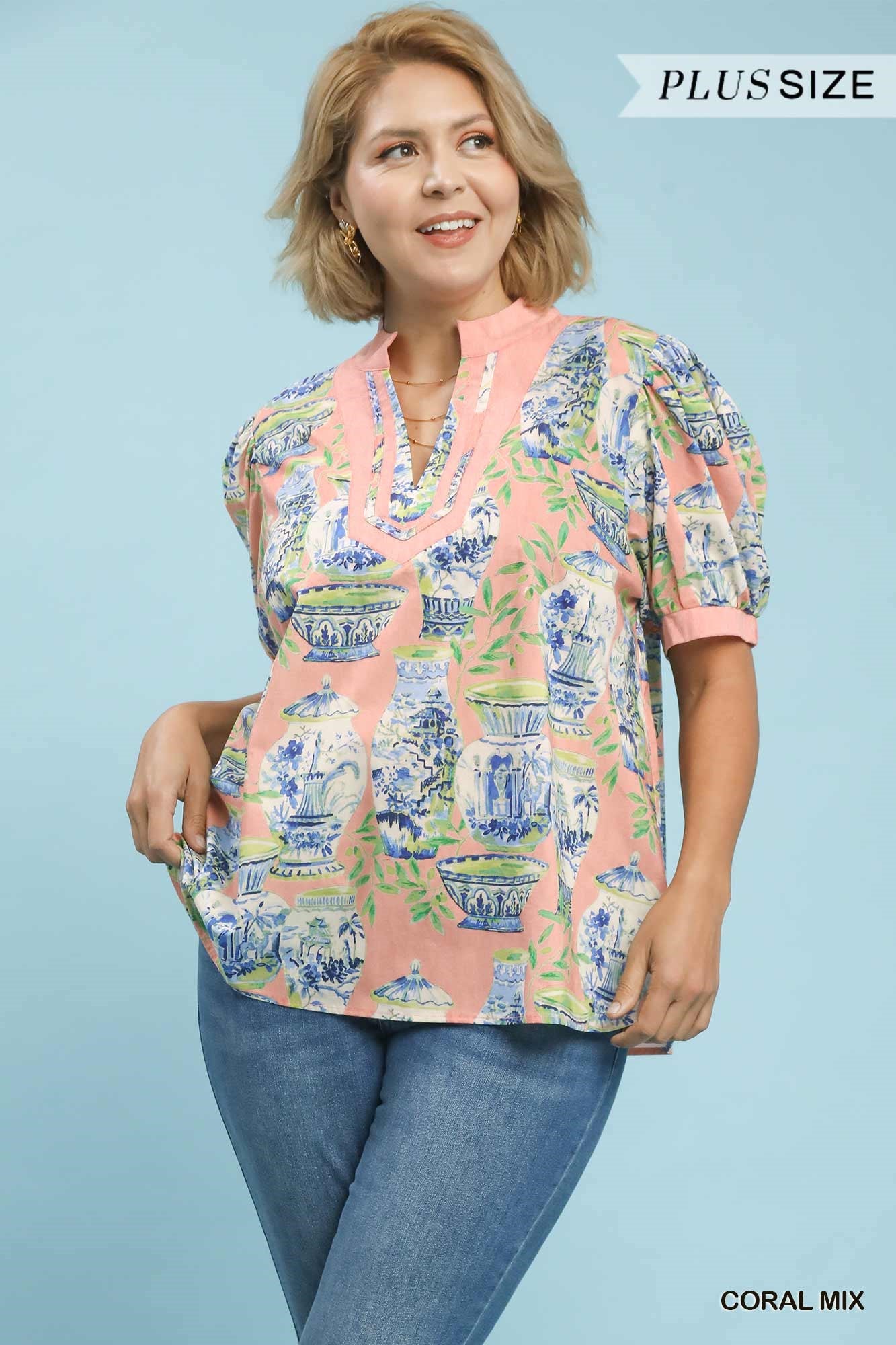 UMGEE Abstract Print V Neck Top In Coral Mix PLUS Sizes