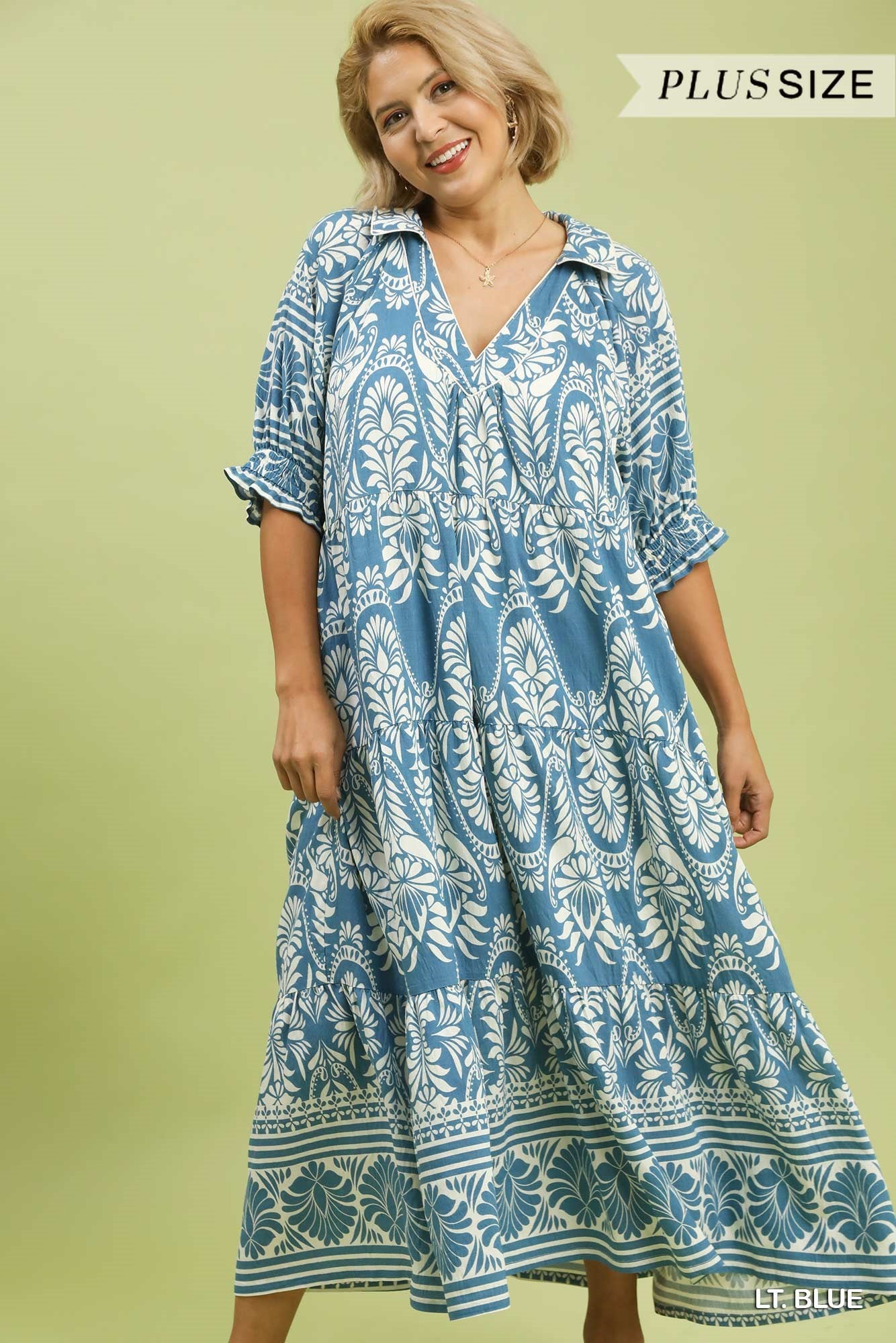 UMGEE Two Tone Border Print Midi Dress In Light Blue PLUS Sizes