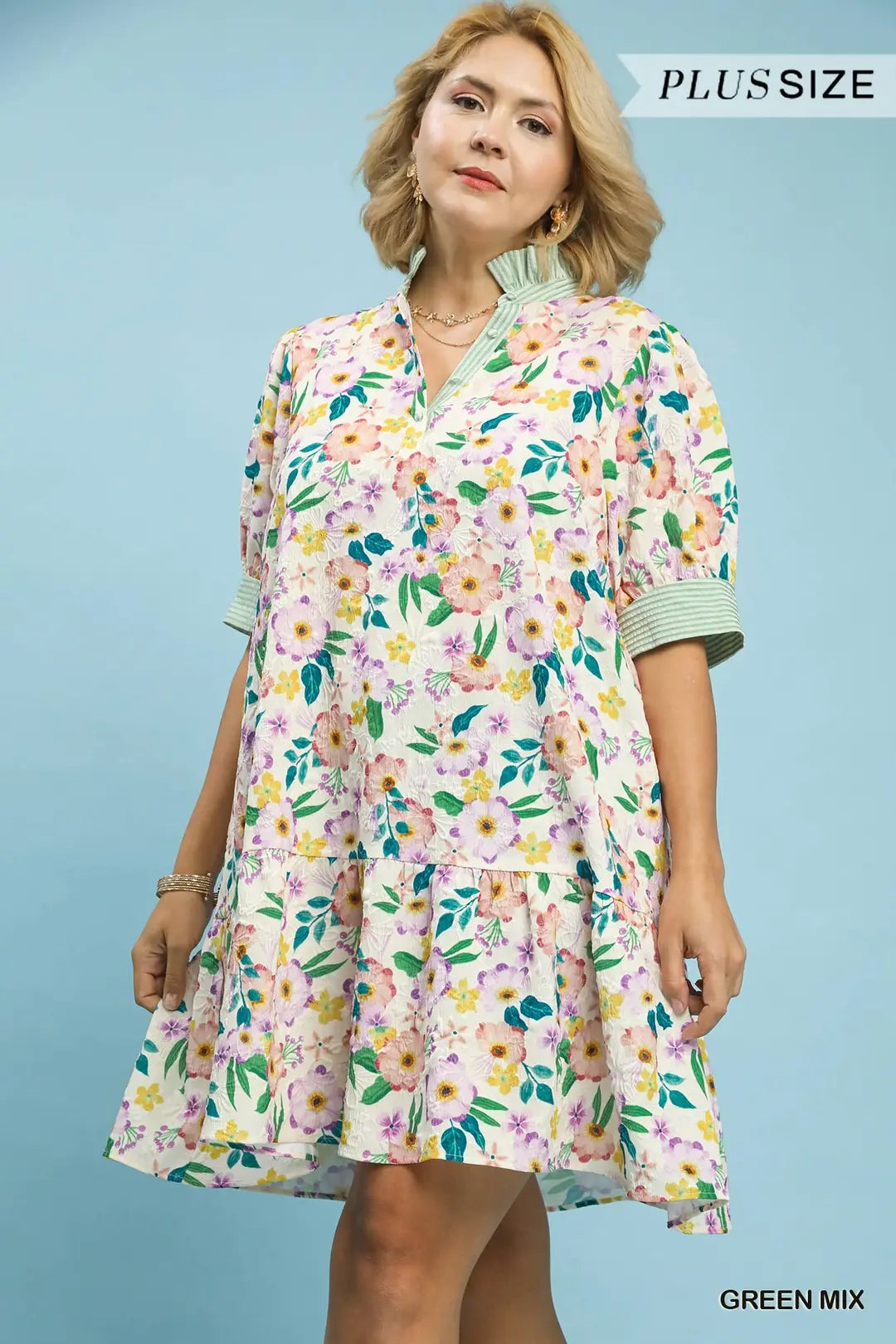 Umgee Mixed Floral Ruffle Collar Tiered Babydoll Dress PLUS Sizes *COMING SOON*