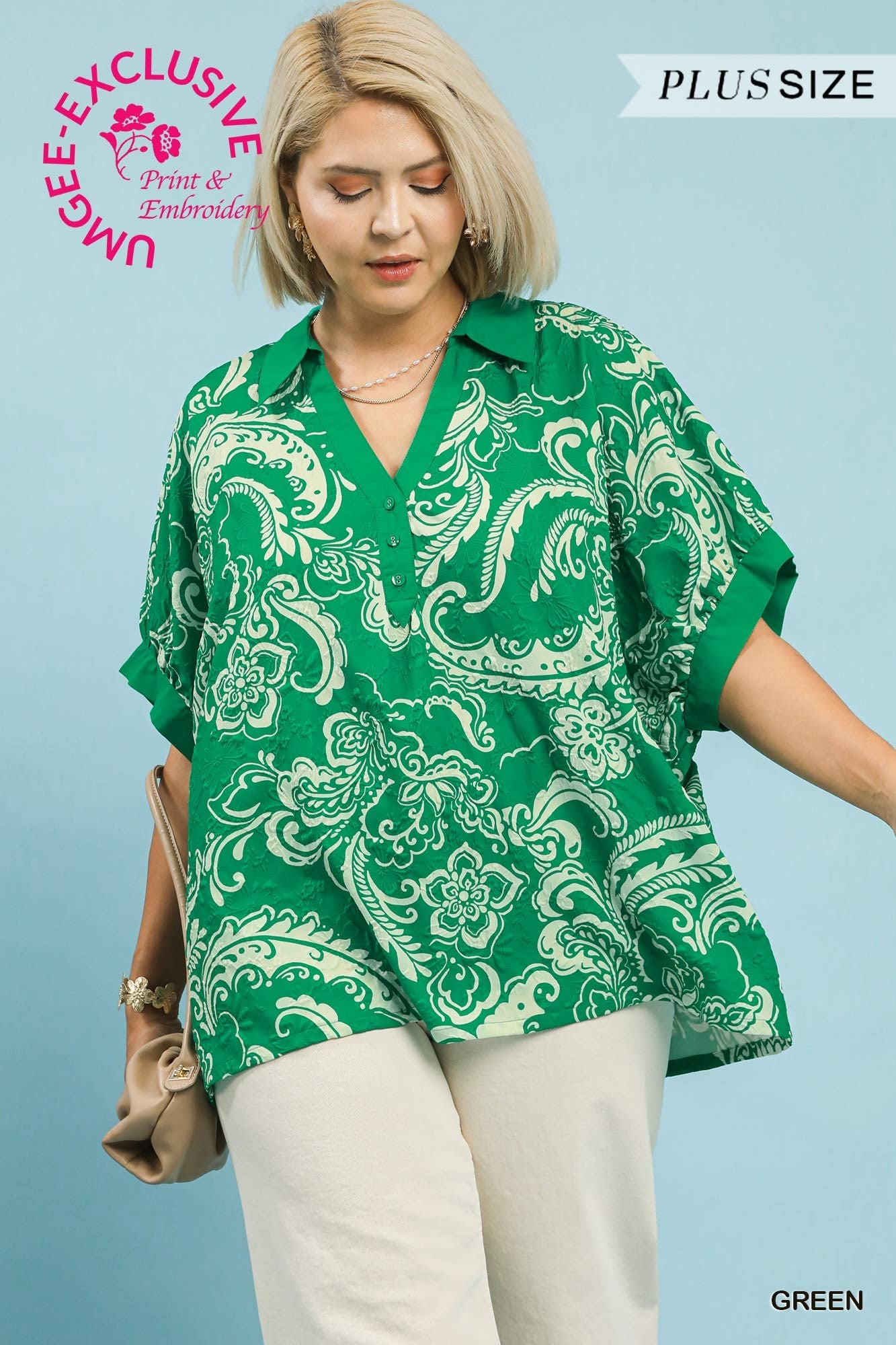 Umgee Paisley Print Button Up Top In Green PLUS Sizes