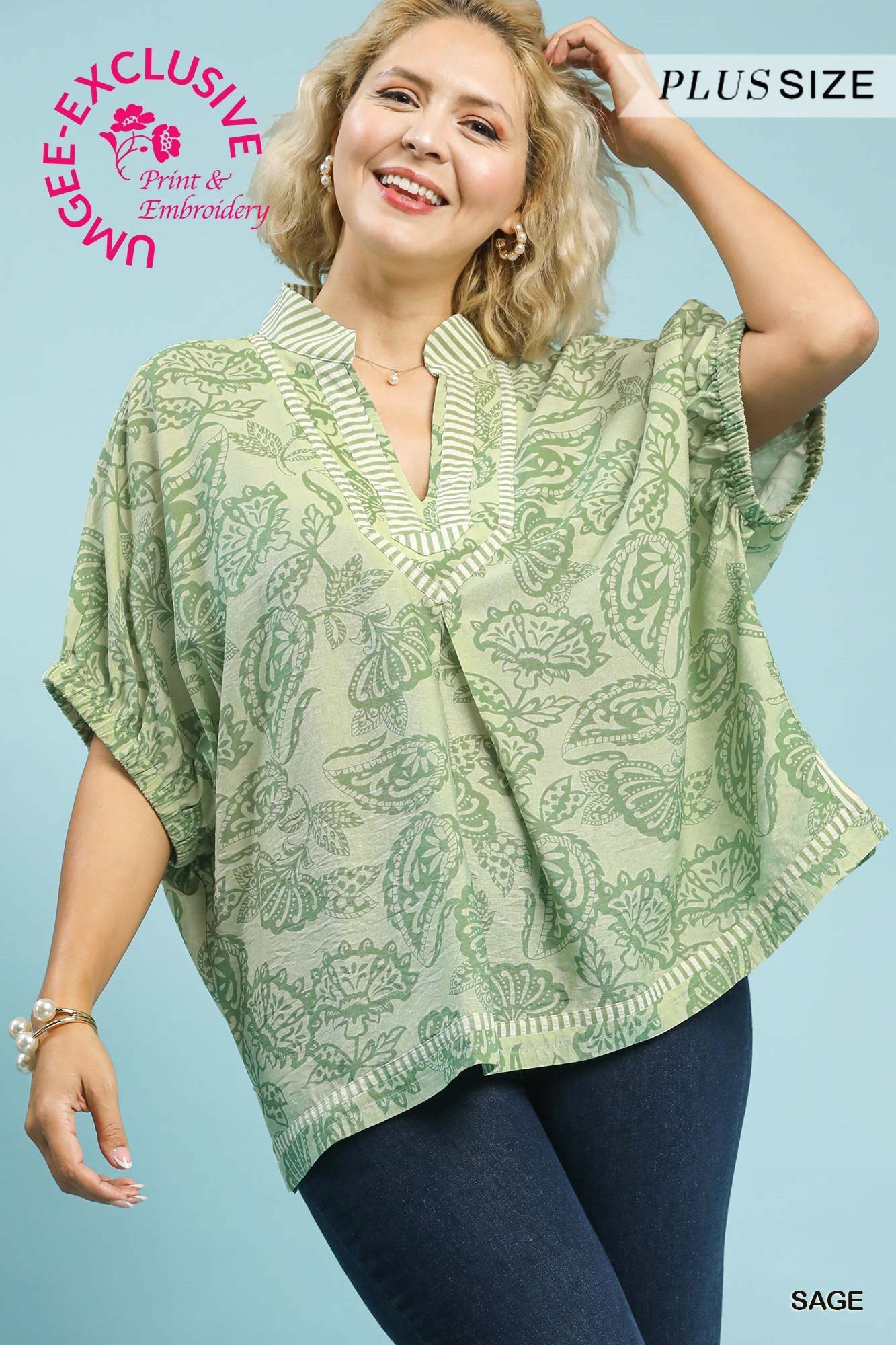 Umgee Botanical Print Mixed Trim Top In Sage PLUS Sizes *COMING SOON*