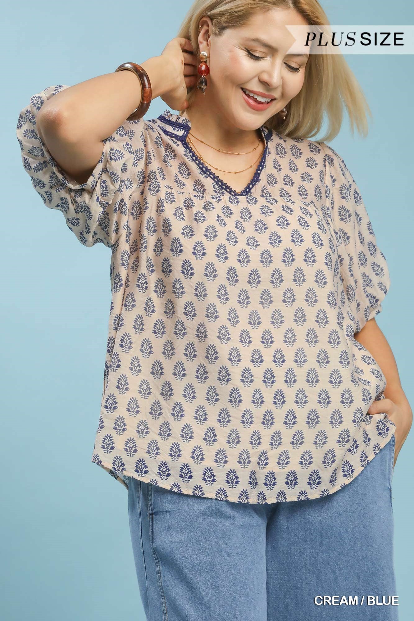 UMGEE Two Toned Abstract Print Top In Cream Blue PLUS Sizes