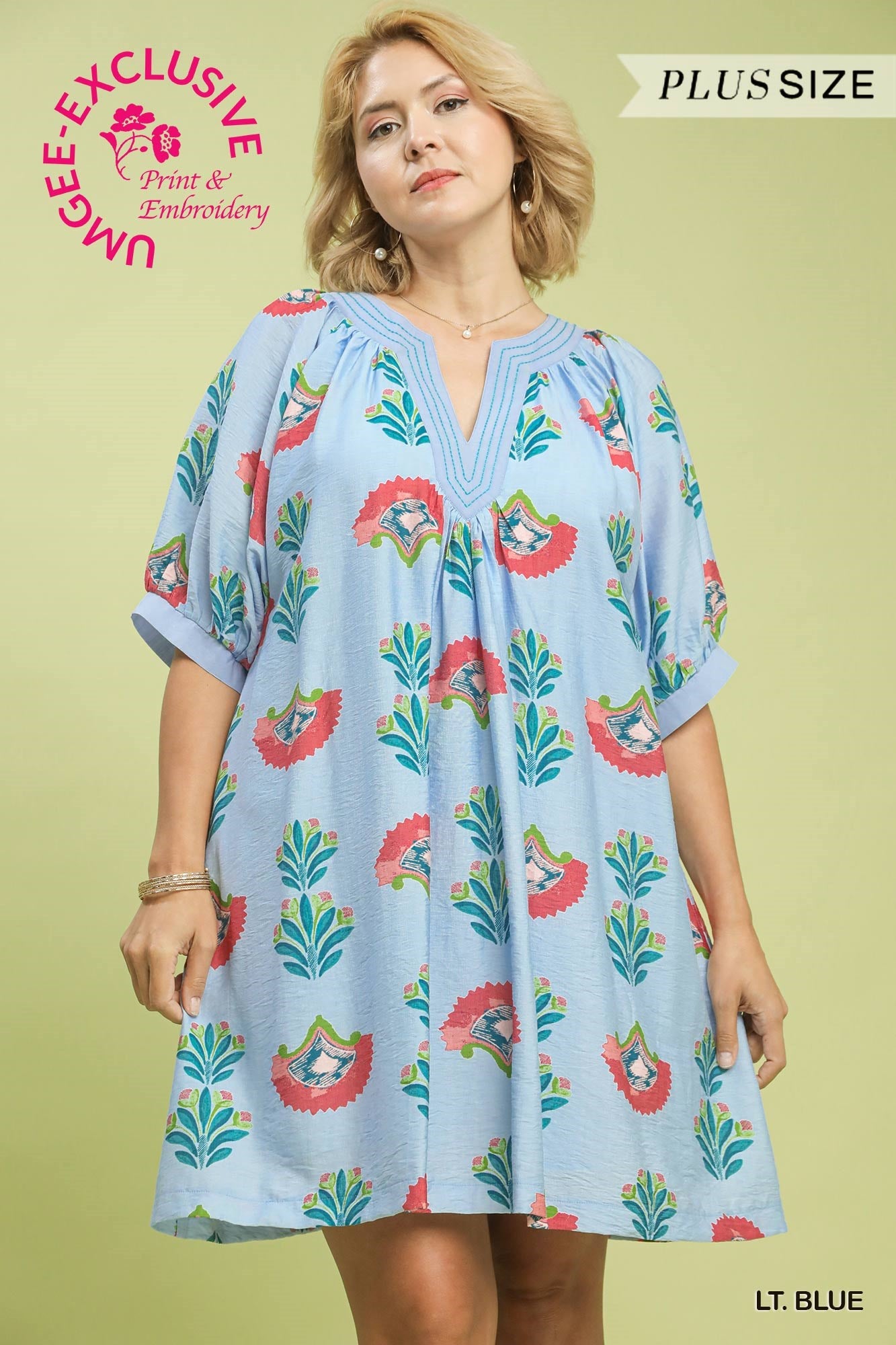 Umgee Abstract Print Mini Dress In Light Blue PLUS Sizes