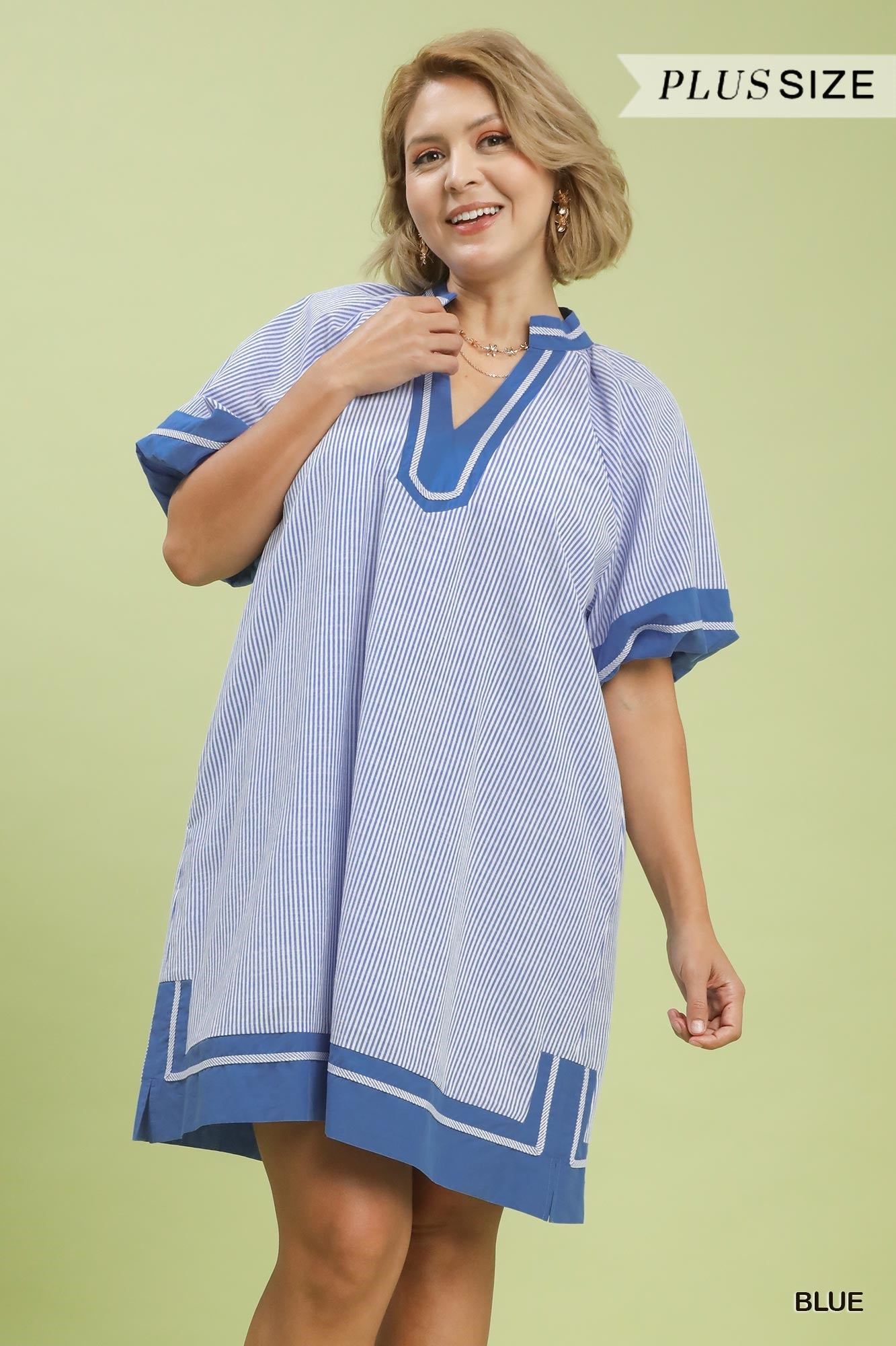 UMGEE Striped Mixed V Neck Mini Dress In Blue PLUS Sizes
