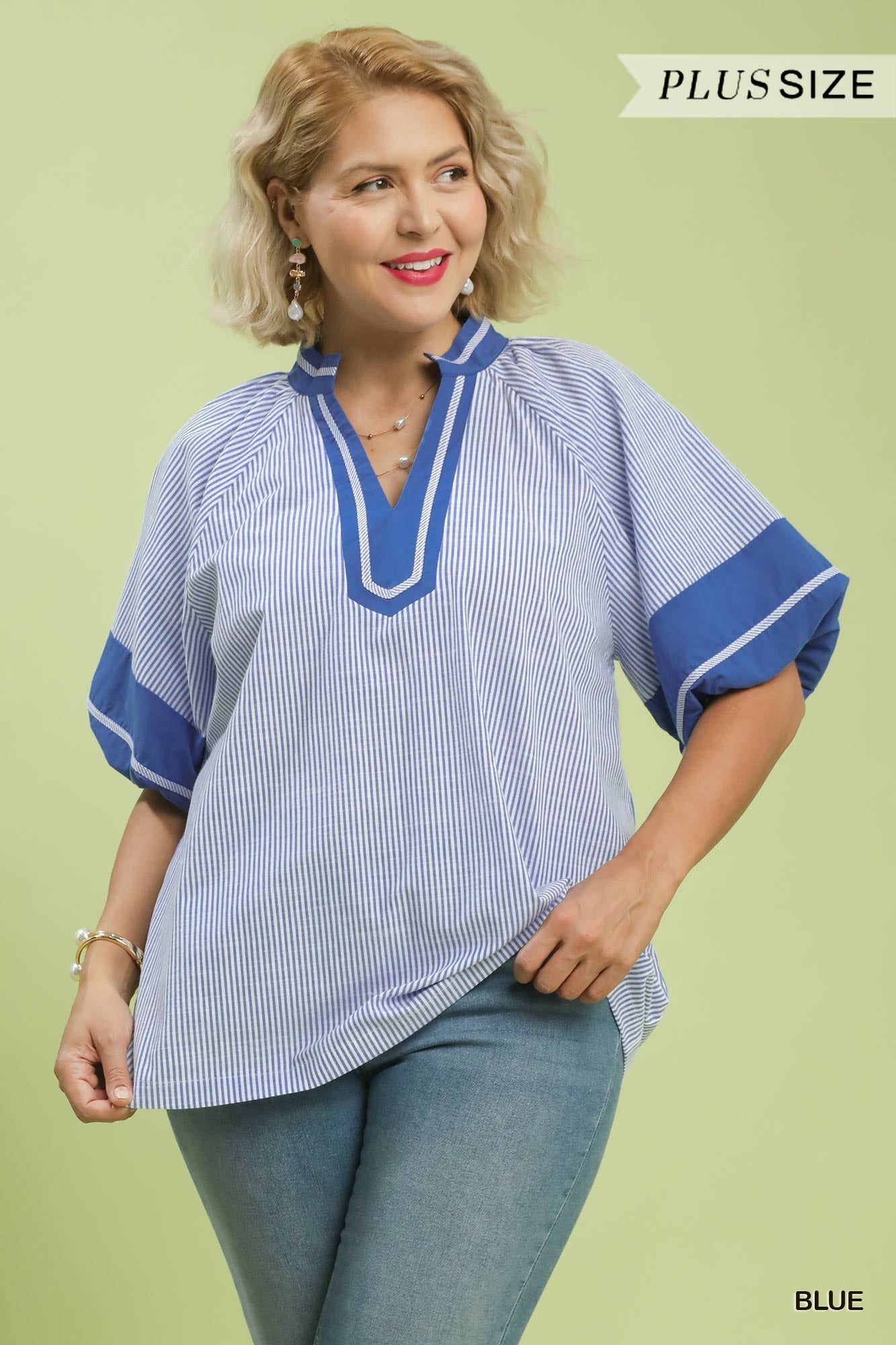 UMGEE Striped Mixed V Neck Top In Blue PLUS Size