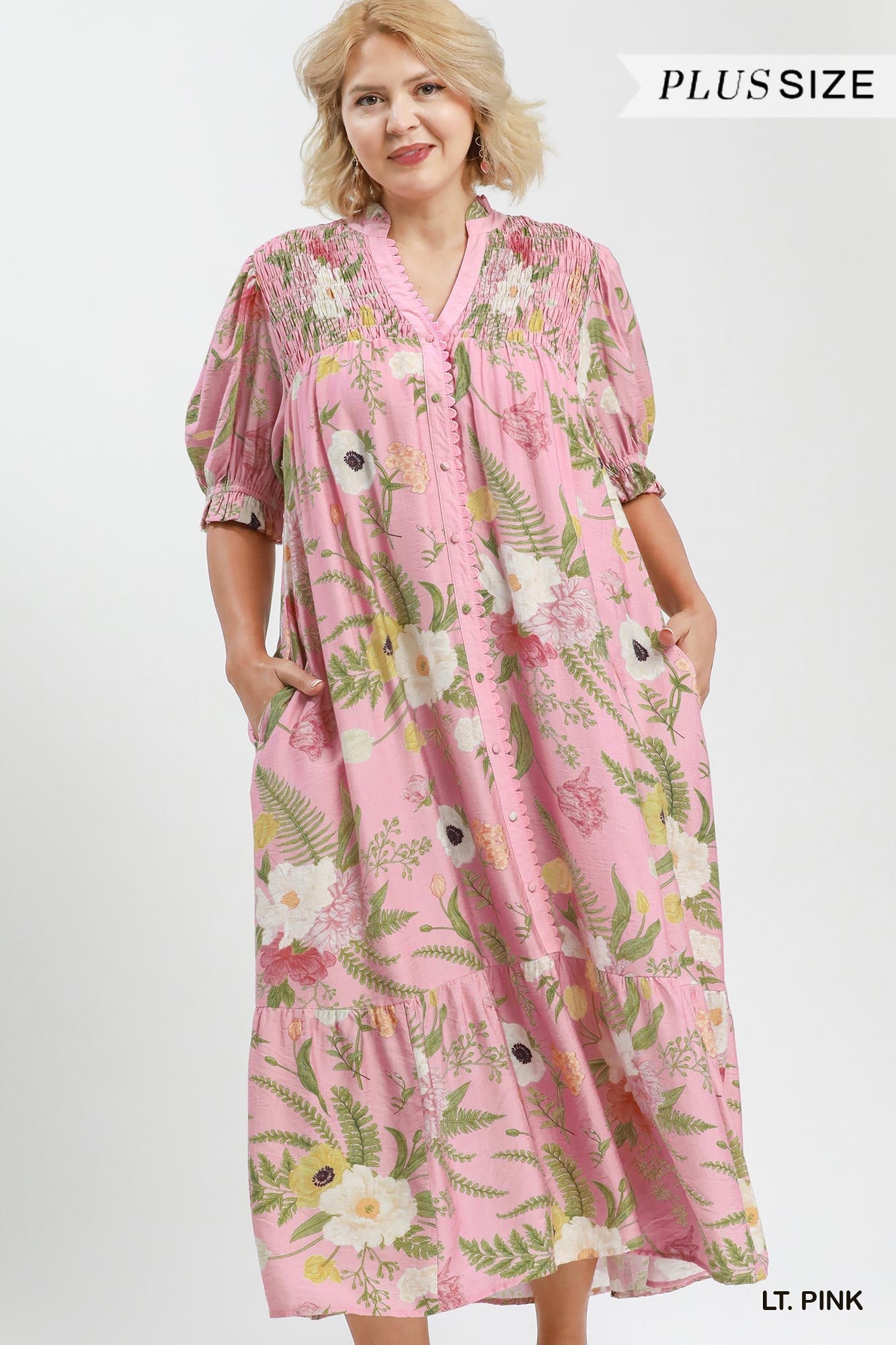 UMGEE Floral Smocked Button Front Midi Dress In Light Pink PLUS Sizes