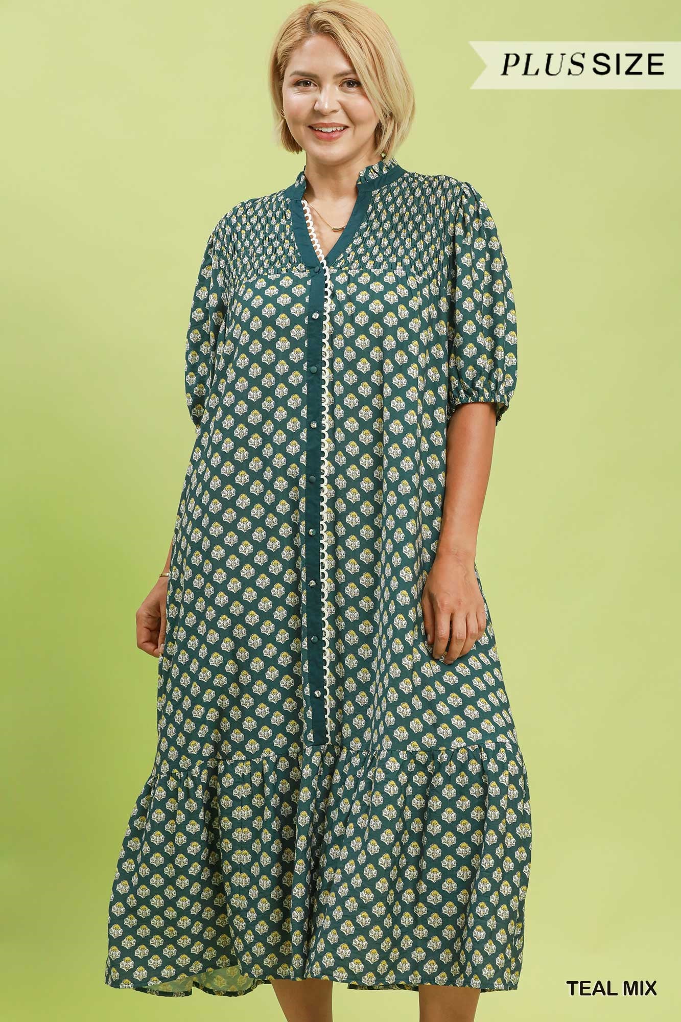 UMGEE Floral Print Button Down Midi Dress In Teal Mix PLUS Sizes