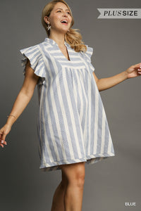 Umgee Striped V Neck Dress In Blue PLUS Size
