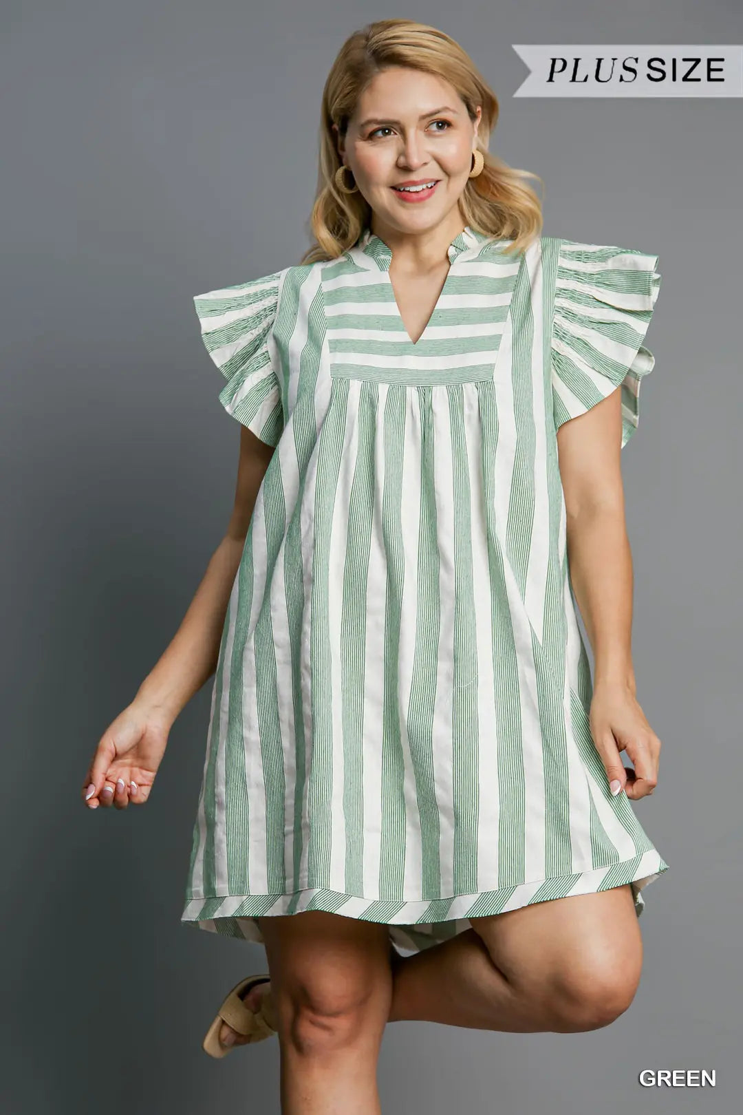 UMGEE Striped V Neck Mini Dress With Flutter Sleeves In Green PLUS Sizes