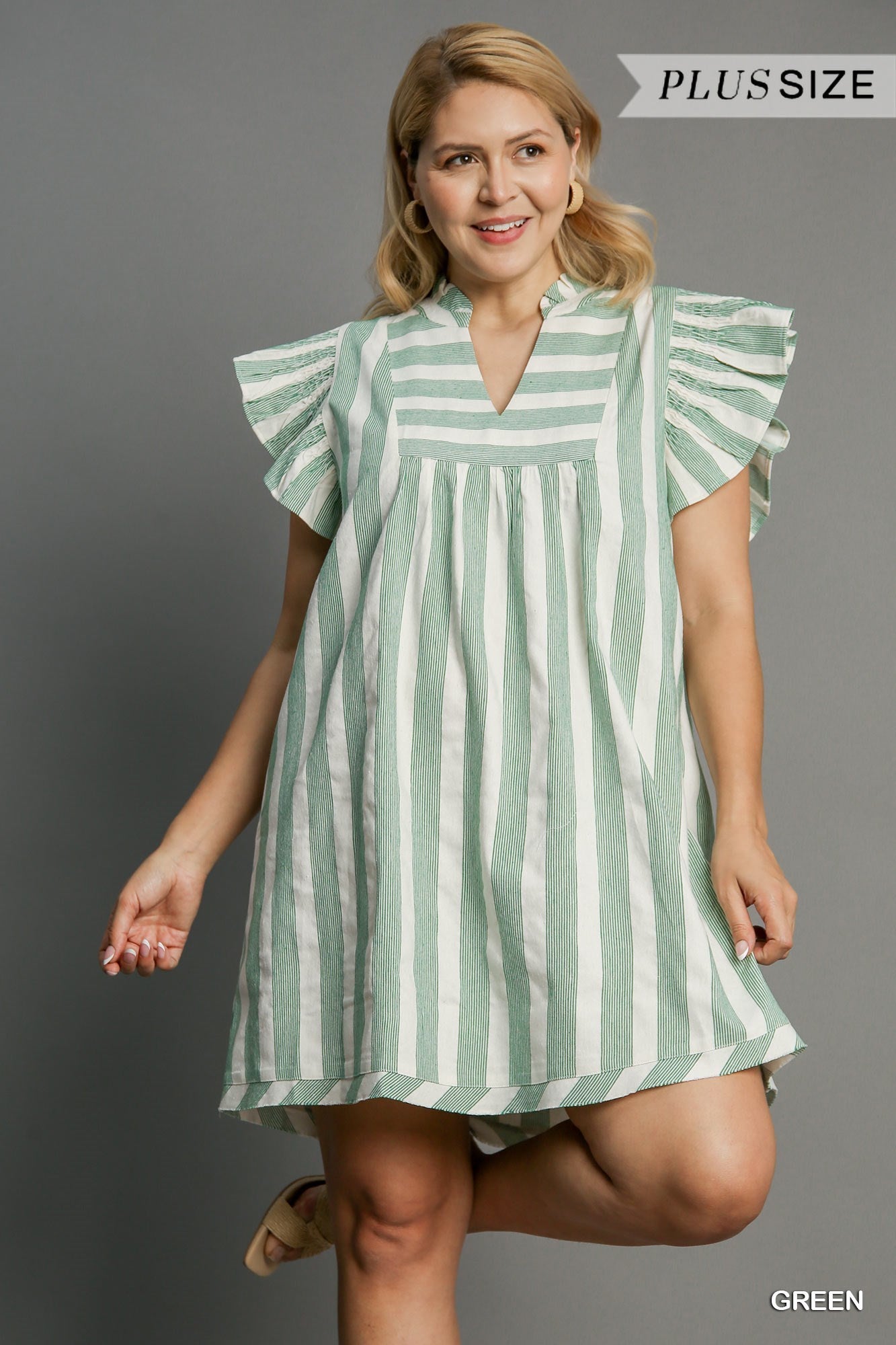 Umgee Striped V Neck Dress In Green PLUS Size