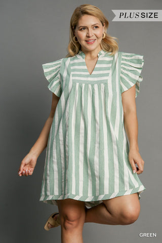 Umgee Striped V Neck Dress In Green PLUS Size