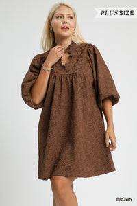 UMGEE Jacquard Lace 3/4 Sleeve Dress In Brown PLUS Sizes