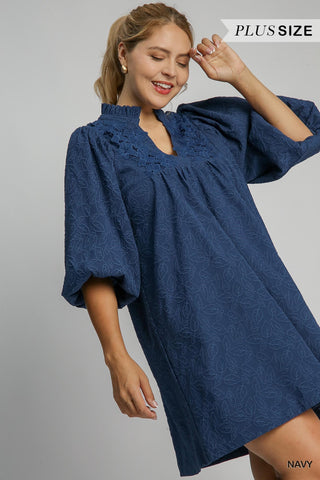 UMGEE Jacquard Lace 3/4 Sleeve Dress In Navy PLUS Sizes
