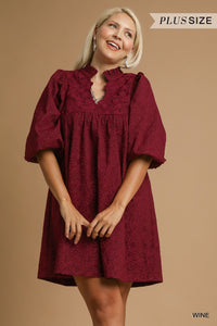 UMGEE Jacquard Lace 3/4 Sleeve Dress In Wine PLUS Sizes