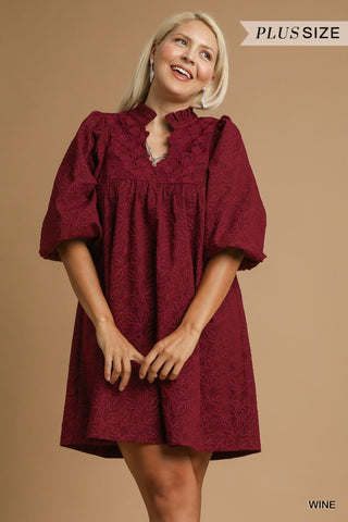 UMGEE Jacquard Lace 3/4 Sleeve Dress In Wine PLUS Sizes