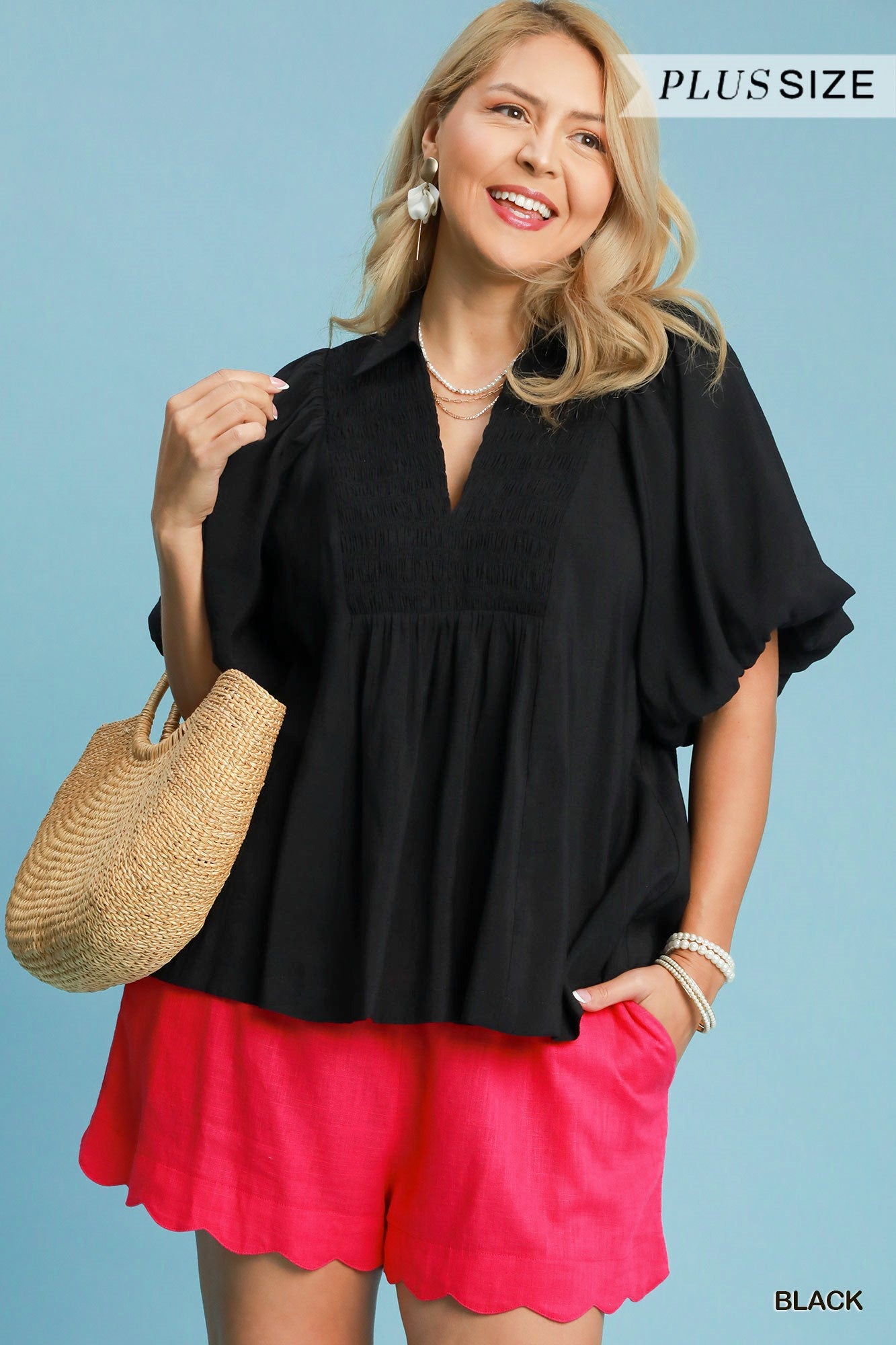 Umgee Smocked V Neck Puff Sleeve Top In Black PLUS Sizes *COMING SOON*