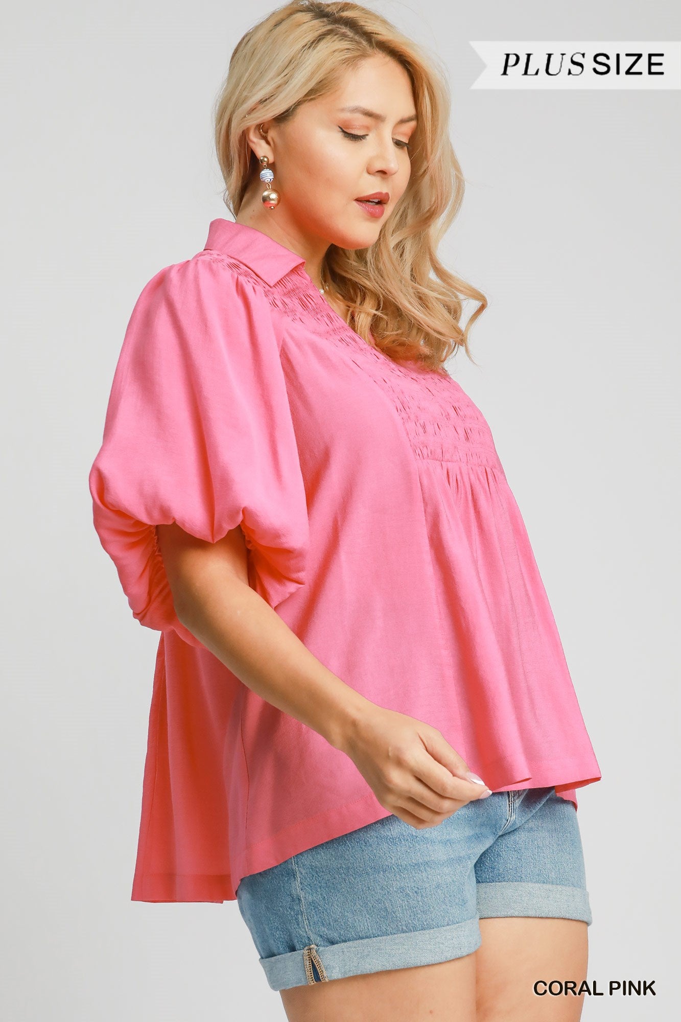 Umgee Smocked V Neck Puff Sleeve Top In Coral Pink PLUS Sizes *COMING SOON*