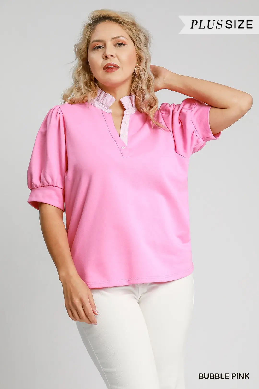 UMGEE Striped Collar Popover Top In Bubble Pink PLUS Sizes