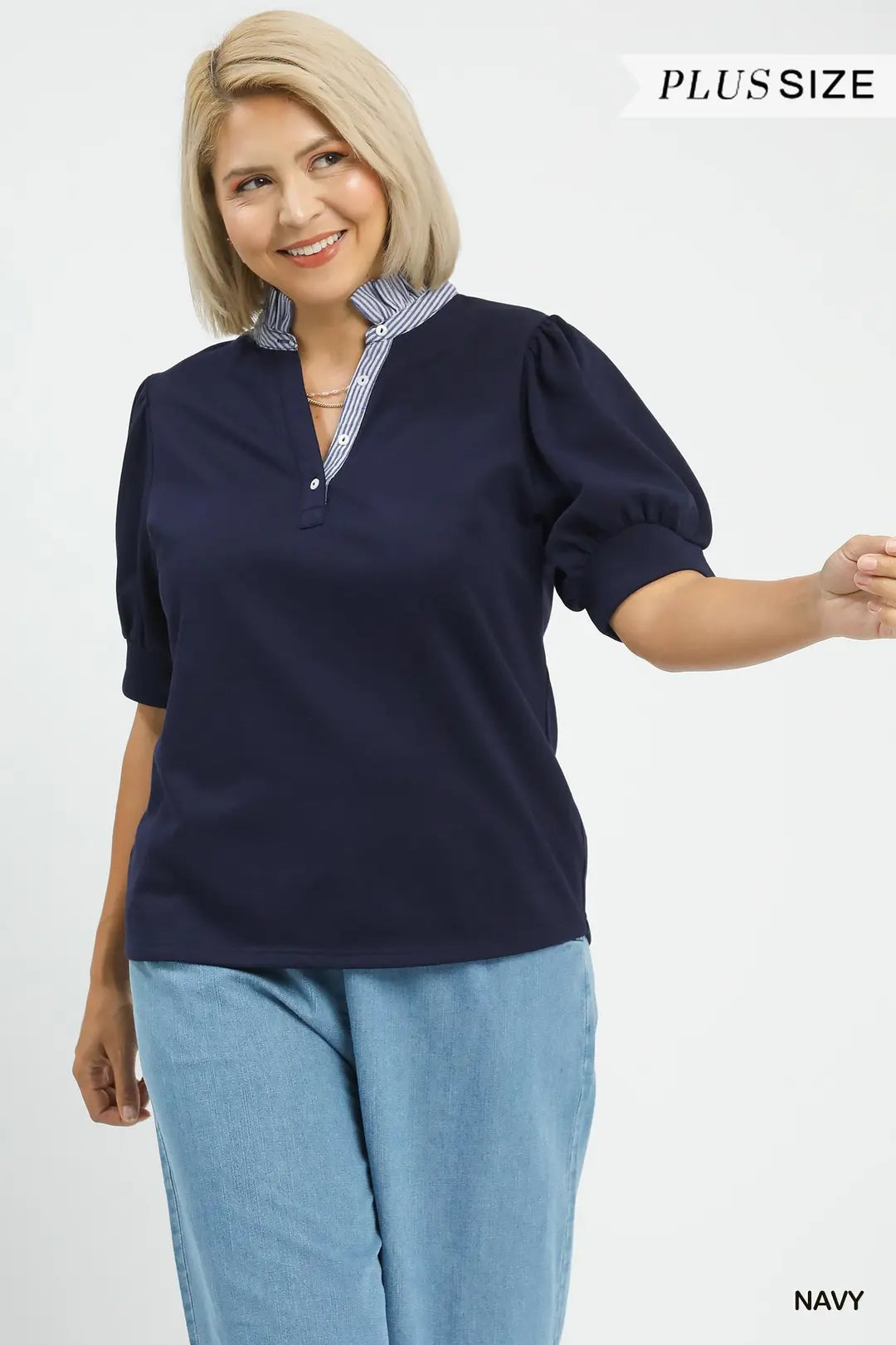 UMGEE Striped Collar Popover Top In Navy PLUS Sizes