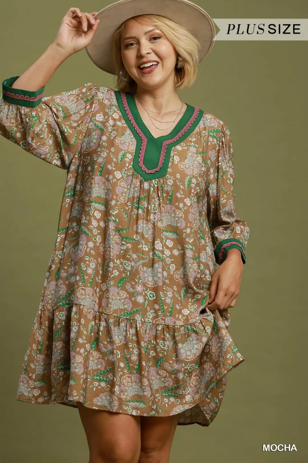 UMGEE Floral Print Contrast Trim Tiered Boho Mini Dress In Mocha PLUS Sizes