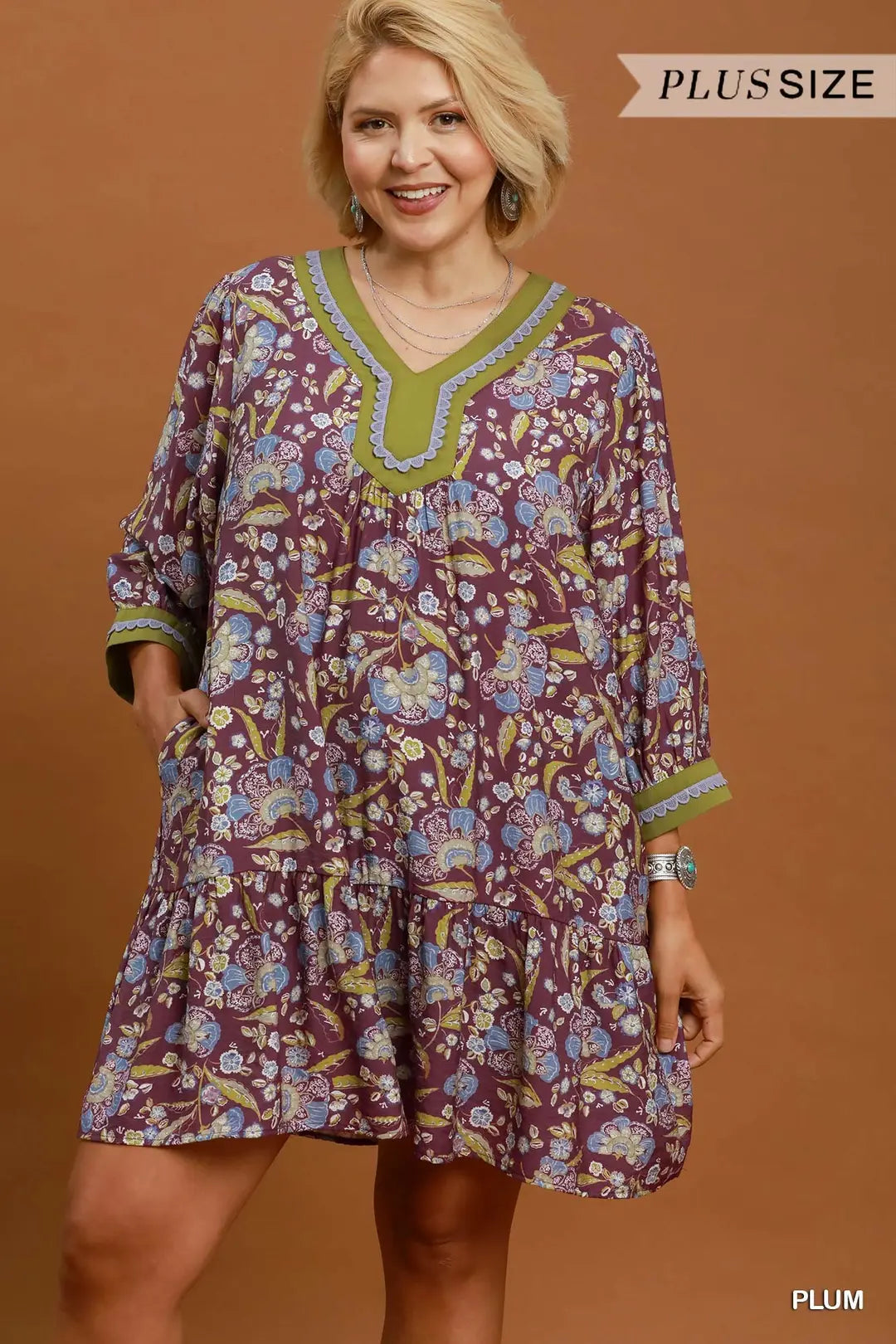 UMGEE Floral Print Contrast Trim Tiered Boho Mini Dress In Plum PLUS Sizes