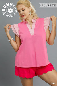 Umgee Contrast Stripe Ruffle Sleeve Knit Top PLUS Size in Pink