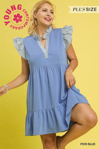 Umgee Contrast Stripe Ruffle Sleeve Knit Dress PLUS Size in Peri Blue