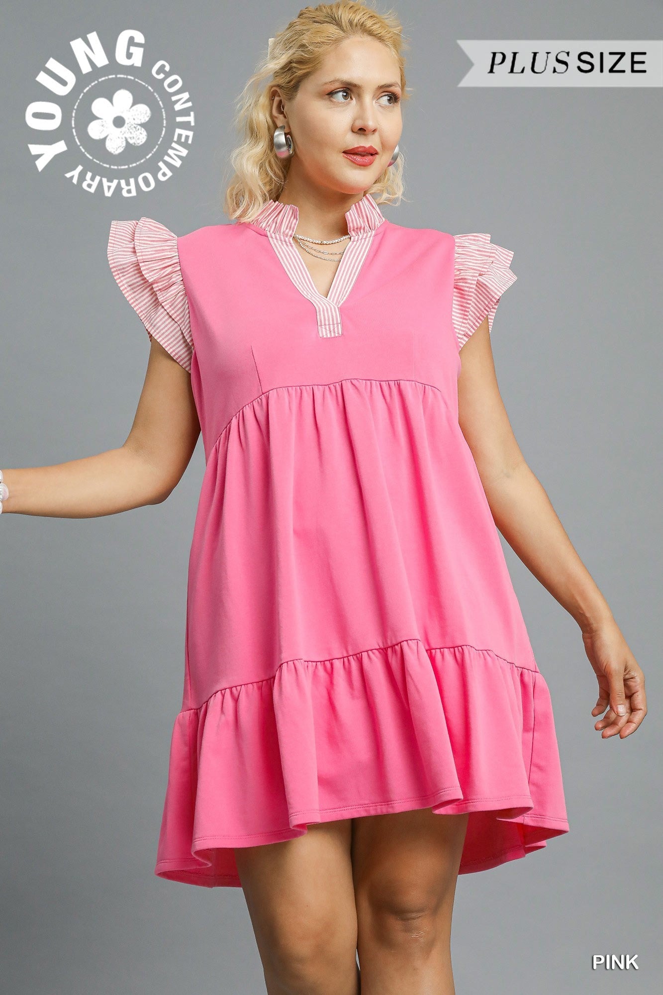Umgee Contrast Stripe Ruffle Sleeve Knit Dress PLUS Size in Pink