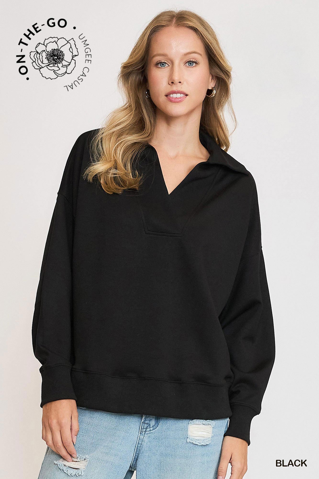 Umgee Luxeknit V Neck Pullover Sweatshirt In Black