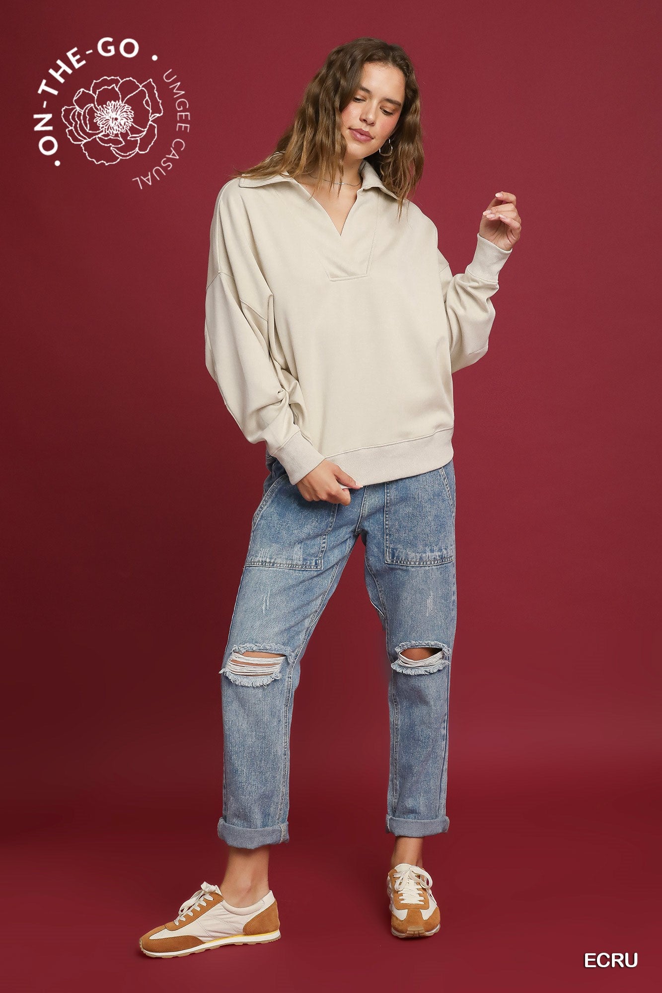 Umgee Luxeknit V Neck Pullover Sweatshirt In Ecru
