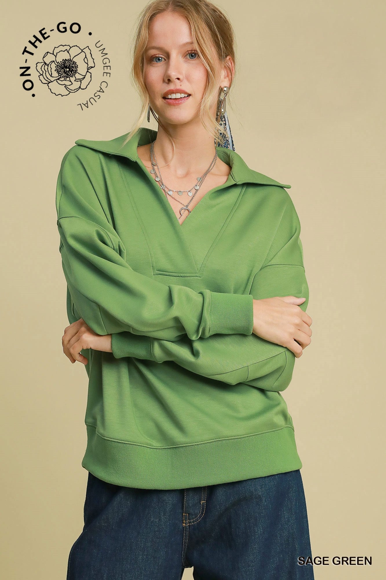 Umgee Luxeknit V Neck Pullover Sweatshirt In Sage Green