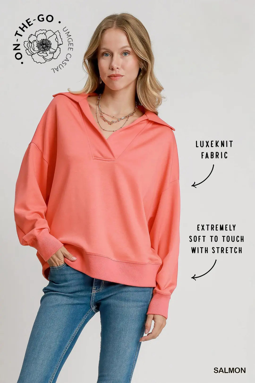 Umgee Luxeknit V Neck Pullover Sweatshirt In Salmon