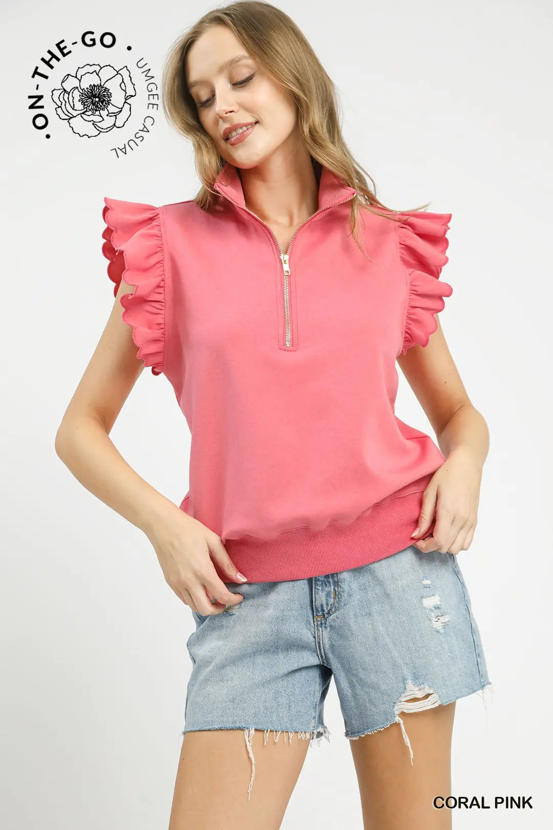 Umgee Flutter Sleeve Top In Coral Pink