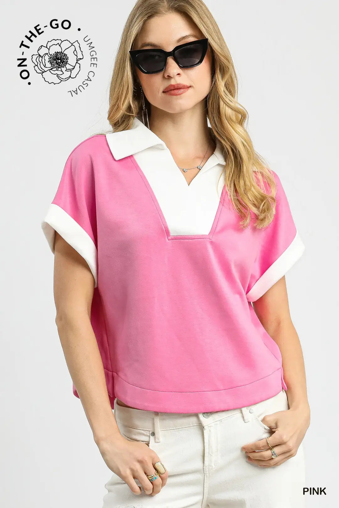 Umgee Luxeknit Contrast Collar Polo Knit Top In Pink *FINAL SALE*