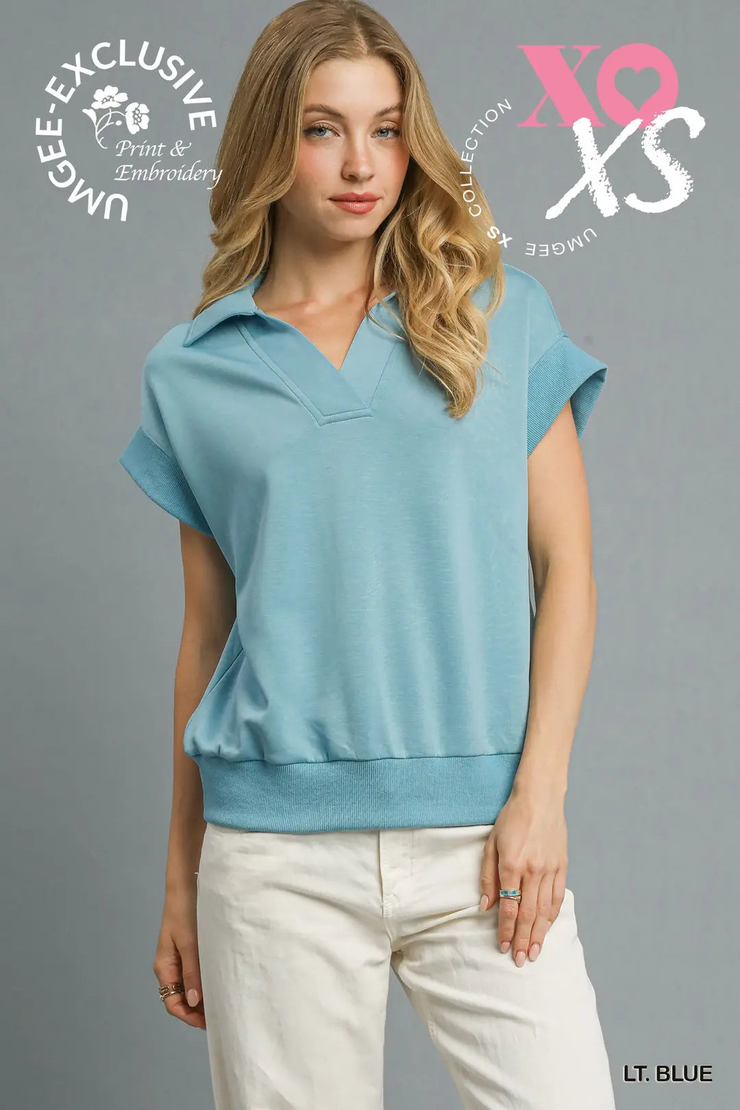 Umgee Luxeknit Collared Short Sleeve Pullover In Light Blue