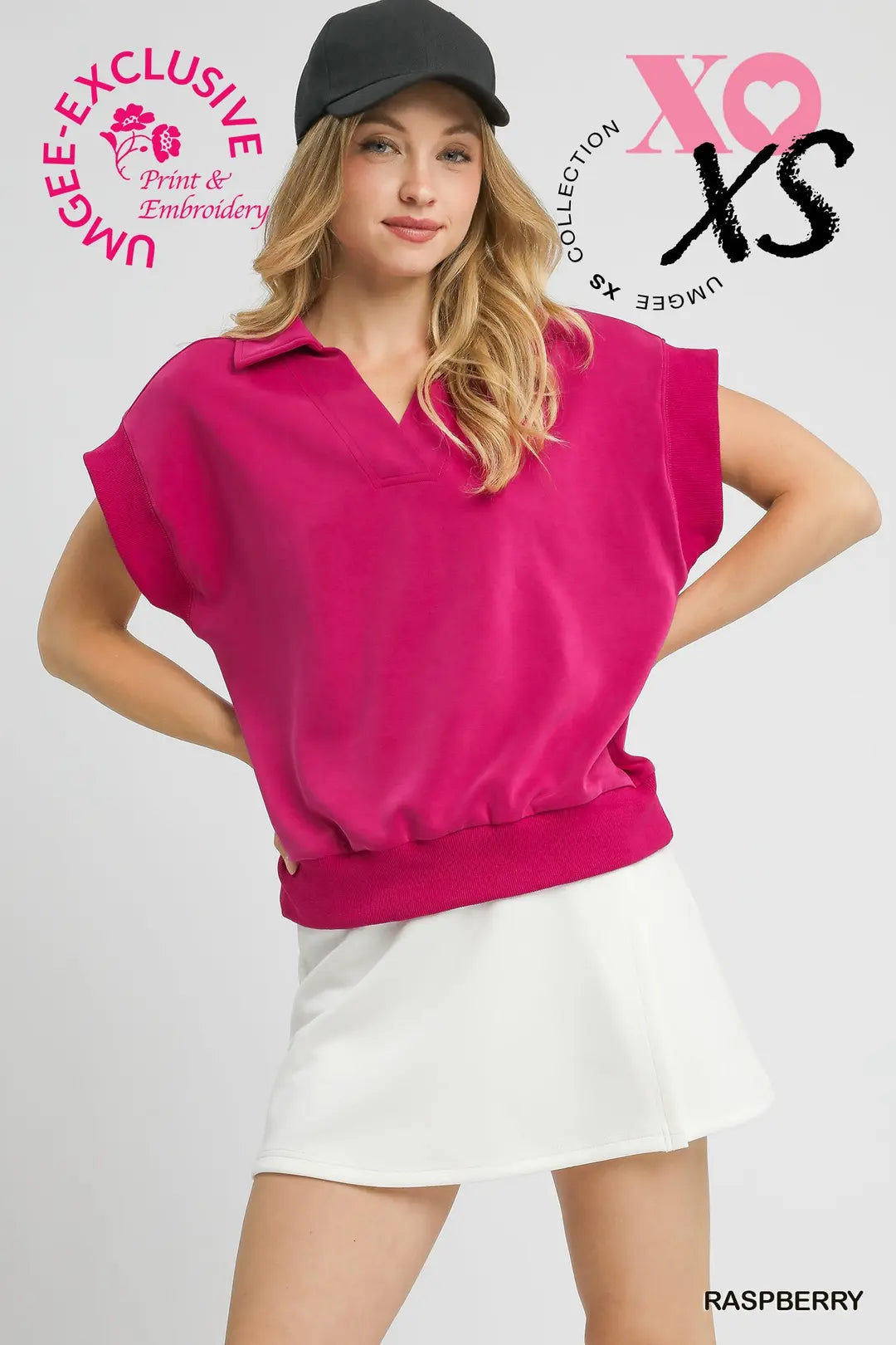 Umgee Luxeknit Collared Short Sleeve Pullover In Raspberry