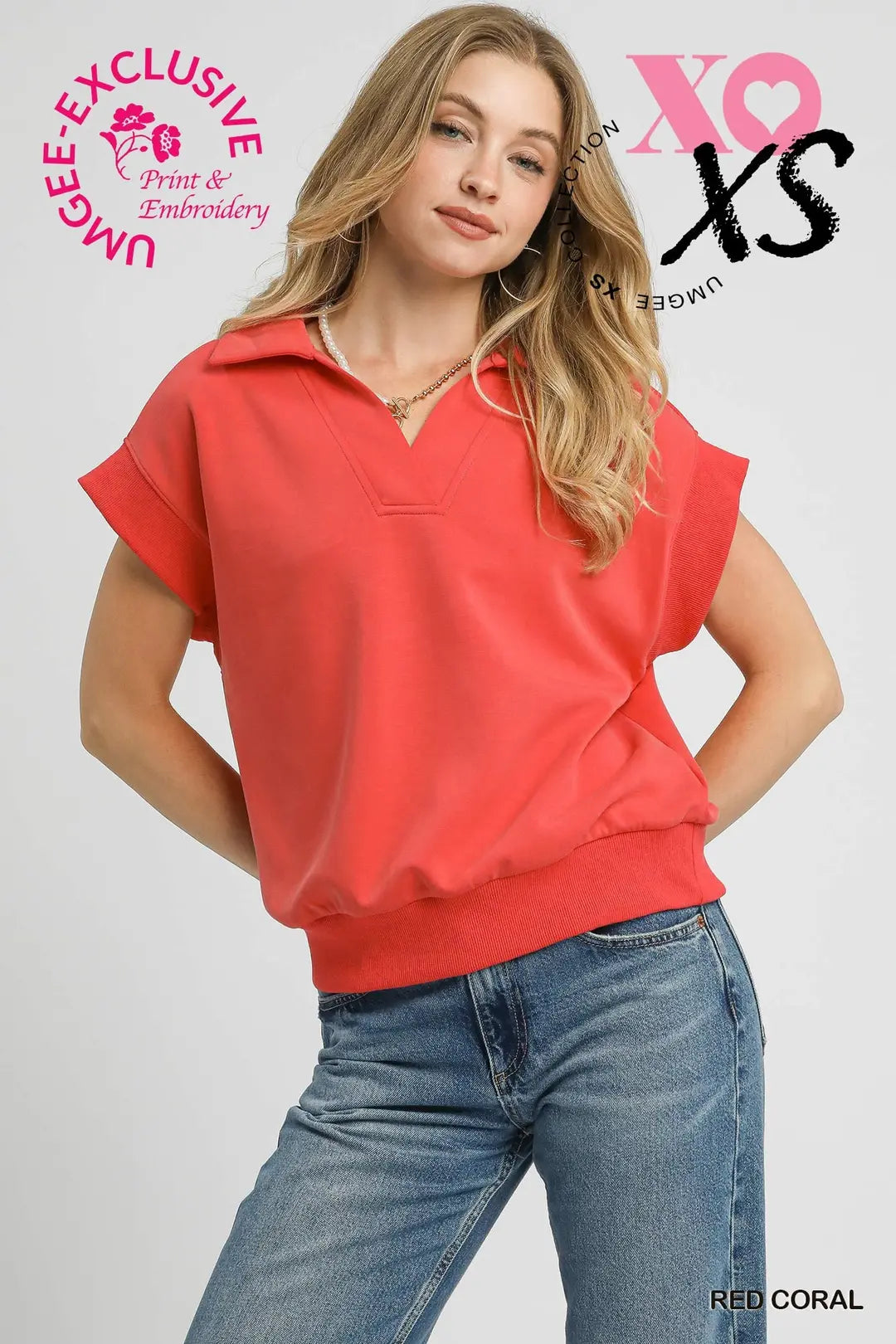 Umgee Luxeknit Collared Short Sleeve Pullover In Red Coral
