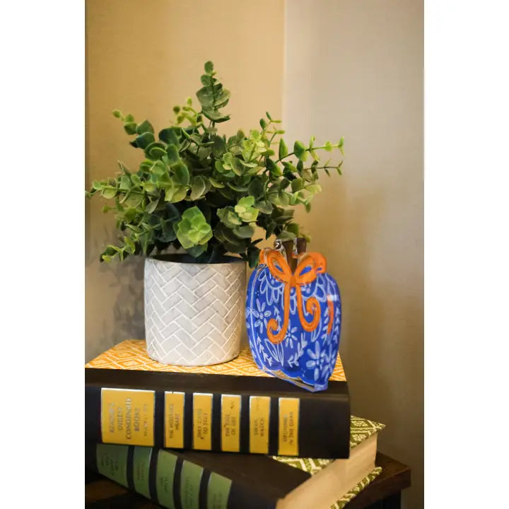 Blue Chinoiserie Pumpkin with Bow Acrylic Shelf Sitter
