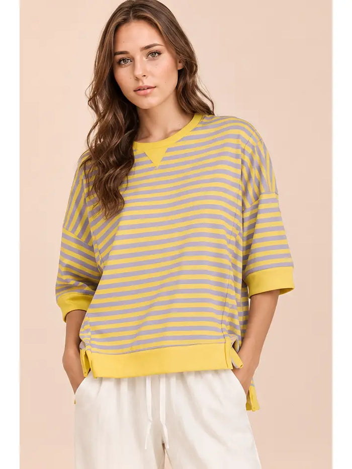 Very J- Oversized Stripe Casual Knit Top (Lavender/Lemon)