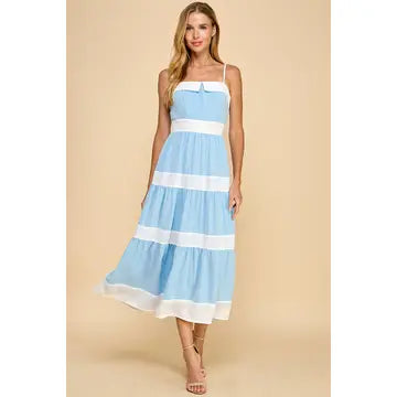 TCEC- Tiered Midi Dress with Alternating White Stripes