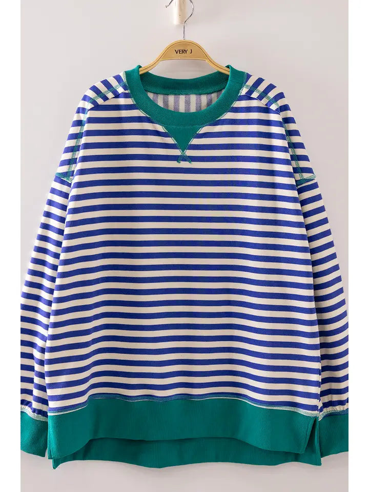 Very J- Stripe Comfy Casual Oversized Knit Top (Blue/Cream)